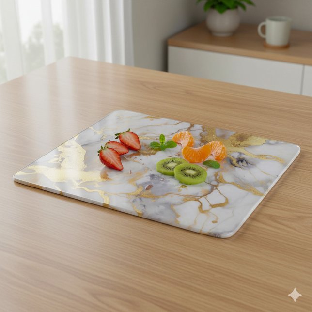 Glamour Gold Marmoreffekt Schneidebrett (Gold and white marble effect chopping board with freshly sliced fruit.)