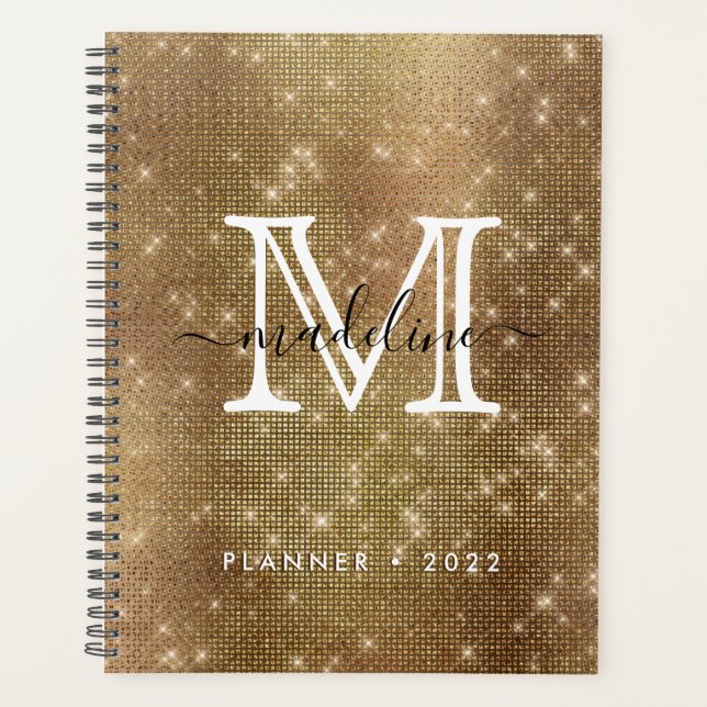 Glamour Gold Sparkling Diamond Glitzer Monogram Planer (Vorderseite)