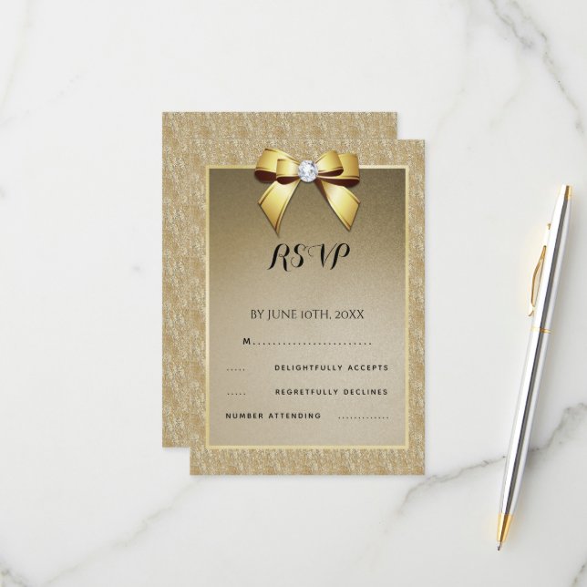 Glamour Gold & Stylish Gem Wedding RSVP Karte (Vorderseite/Rückseite Beispiel)