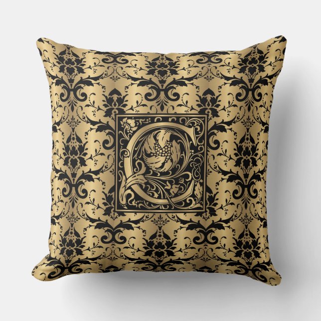 Glamour Gold und Black Damask Print Monogram C Kissen (Vorderseite)