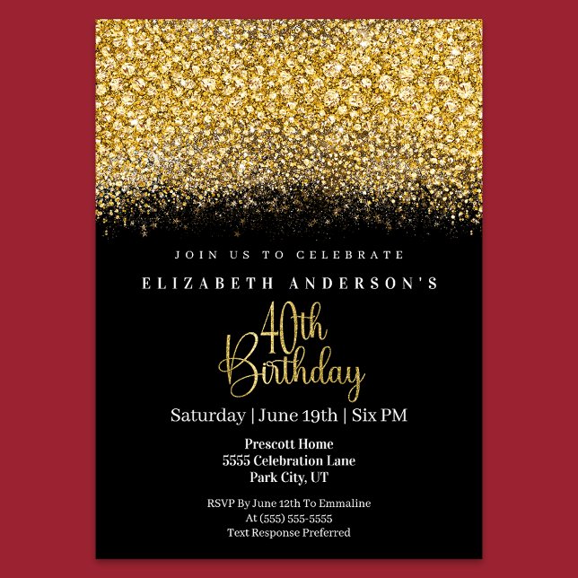 Glamour Gold Verziert Glitter 40. Geburtstag Einladung (Von Creator hochgeladen)