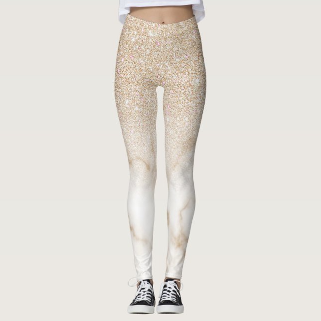 Glamour Gold White Glitzer Marmor Gradient Ombre Leggings (Vorderseite)
