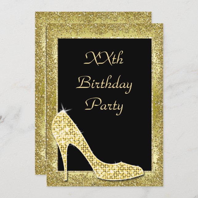 Glamour Golds & Diamond Shoe Geburtstag Einladung (Vorne/Hinten)