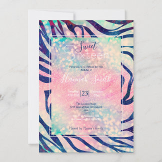 Glamour Holographic Glitzer Blue Zebra Stripes Einladung