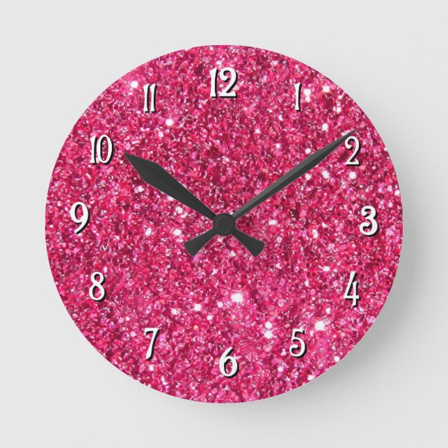 Glamour Hot Pink Glitzer Runde Wanduhr (Vorderseite)