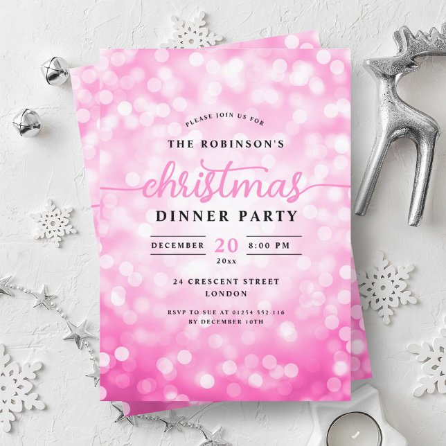 Glamour Hot Pink Lights Weihnachtsabend Party Einladung (Glamorous Hot Pink Lights Christmas Dinner Party Invitation)