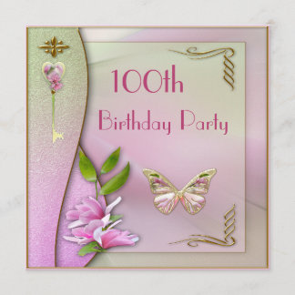 Glamour Key, Magnolia & Butterfly 100. Geburtstag Einladung