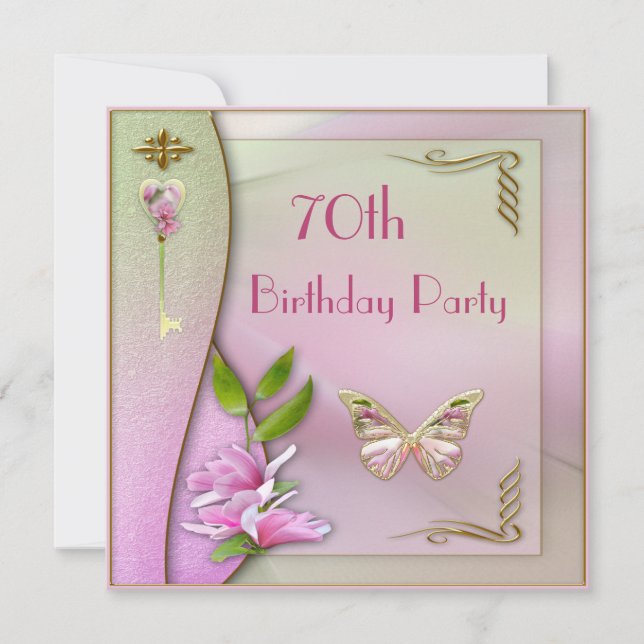 Glamour Key, Magnolia & Butterfly 70. Geburtstag Einladung (Vorderseite)