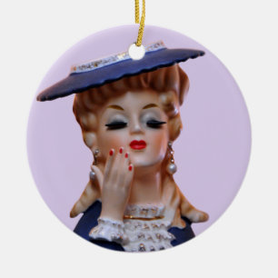 Glamour Lady Head Vase Extravagant Blue Hat Keramik Ornament