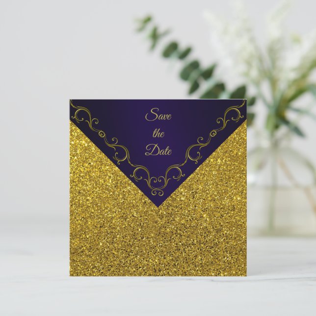 Glamour Lila und Gold Save the Date (Stehend Vorderseite)
