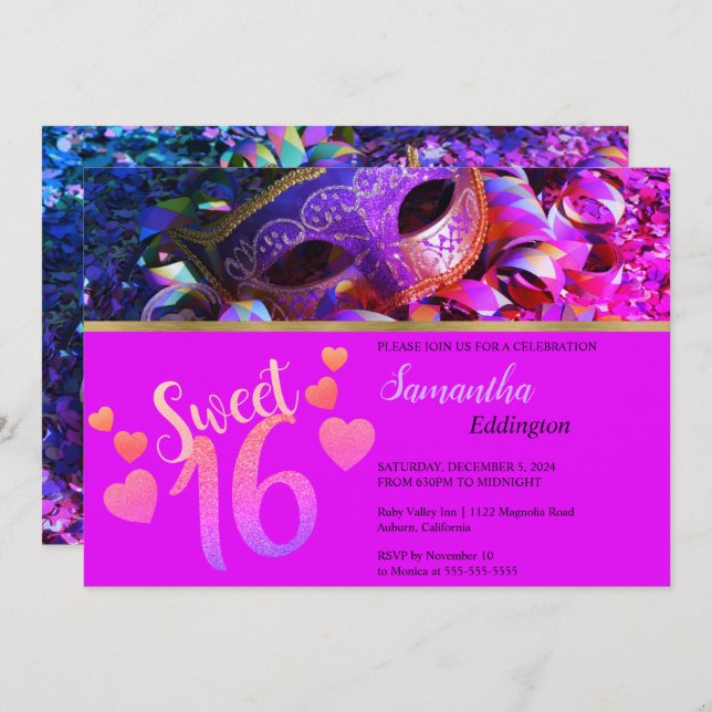 Glamour Masquerade Sweet 16 Einladung (Vorne/Hinten)