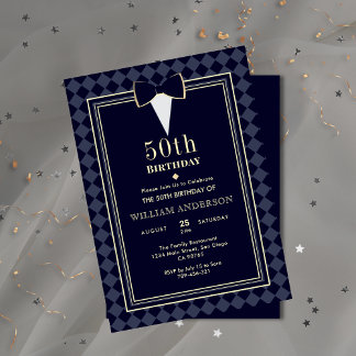 Glamour Navy Blue & Gold Tuxedo Milestone Age Einladung