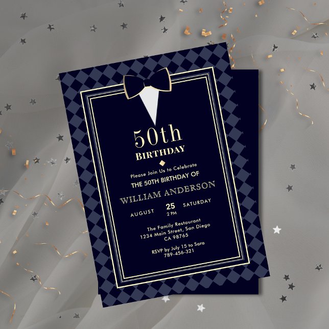 Glamour Navy Blue & Gold Tuxedo Milestone Age Einladung (Glamorous Navy Blue & Gold Tuxedo Milestone Age Invitation )