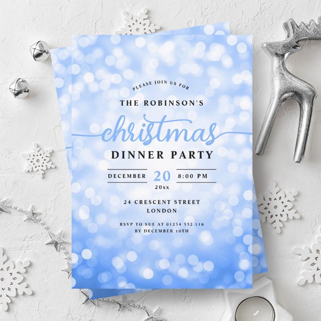 Glamour Navy Blue Lights Weihnachtsabend Party Einladung (Glamorous Navy Blue Lights Christmas Dinner Party Invitation)
