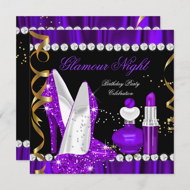 Glamour Night Glitzer Lila Gold Black Party 3 Einladung (Vorne/Hinten)
