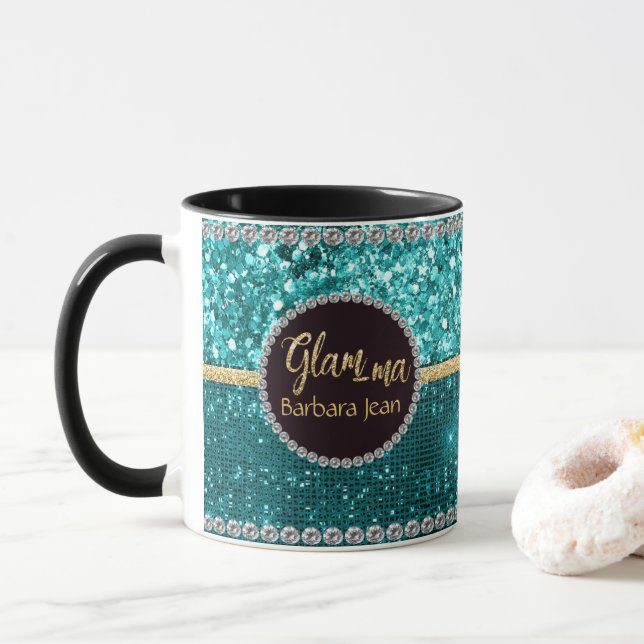 Glamour Oma Glam-ma Blue Green Gold Names Tasse (Mit Donut)
