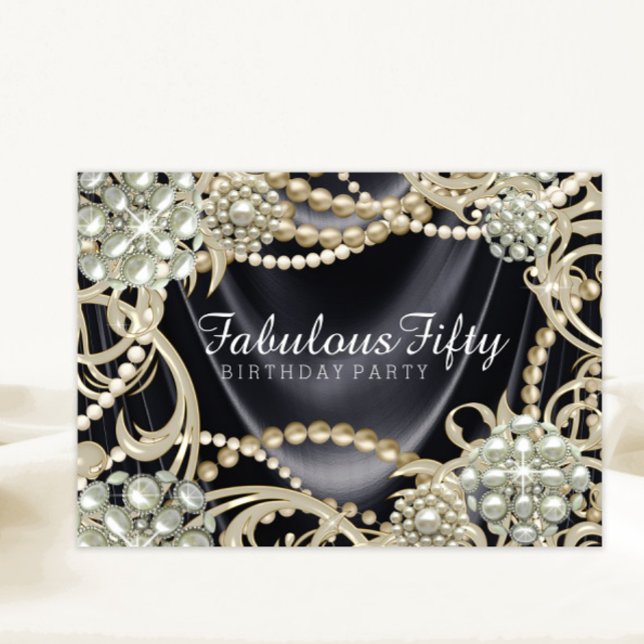 Glamour Pearl Birthday Party Einladung (Black satin pearl any number or occasion invitation. Add your details to front and back.)