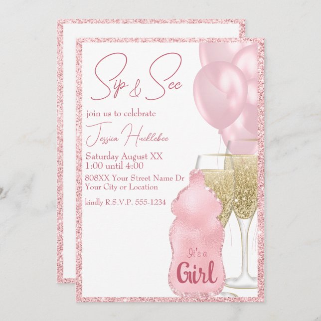 Glamour Pink Glitzer Baby Girl Sip & See Einladung (Vorne/Hinten)