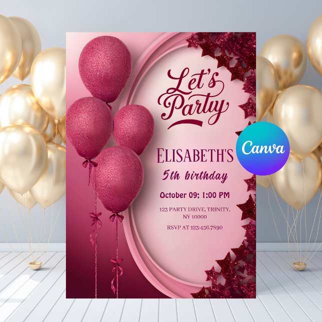 Glamour Pink Glitzer Balloons & Stars Geburtstag Einladung (Glamorous Pink Glitter Balloons & Stars Birthday Invitation
)