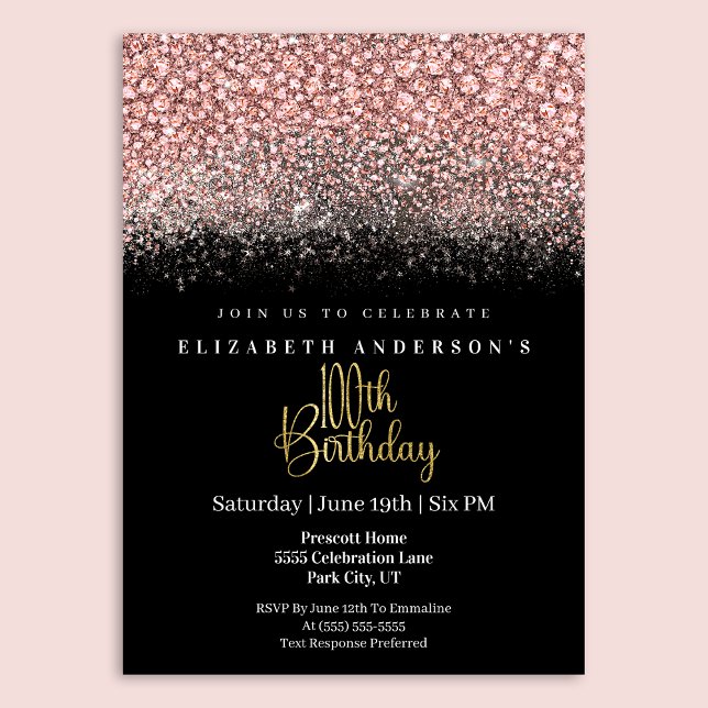 Glamour Pink Jeweled Glitter 100th Birthday Einladung (Von Creator hochgeladen)