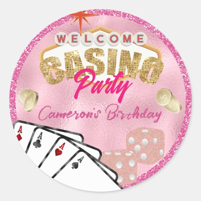Glamour Pink Las Vegas Sign Casino Party Runder Aufkleber (Vorderseite)