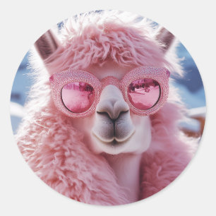 Glamour Pink Llama - Winter Fashion Icon Runder Aufkleber