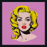 Glamour Pop Art Poster<br><div class="desc">Dieses Bild zeigt ein weibliches Portrait im charakteristischen Pop-Art-Stil mit einem glänzenden rosa Hintergrund. Das Subjekt hat gelbe Haare, die glänzen, mit stilisierten schwarzen Umrissen, was einen auffallenden grafischen Effekt erzeugt. Sein Make-up ist dramatisch, mit Lippen mit einem glänzenden Rot, intensiven blauen Augen, die von langen schwarzen Wimpern hervorgehoben werden,...</div>