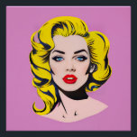 Glamour Pop Art Poster<br><div class="desc">Dieses Bild zeigt ein weibliches Portrait im charakteristischen Pop-Art-Stil mit einem glänzenden rosa Hintergrund. Das Subjekt hat gelbe Haare, die glänzen, mit stilisierten schwarzen Umrissen, was einen auffallenden grafischen Effekt erzeugt. Sein Make-up ist dramatisch, mit Lippen mit einem glänzenden Rot, intensiven blauen Augen, die von langen schwarzen Wimpern hervorgehoben werden,...</div>