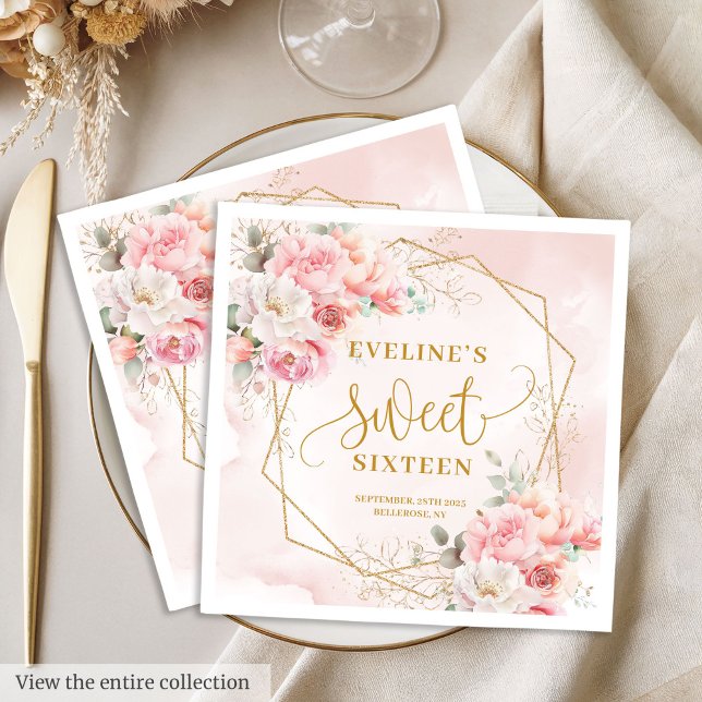 Glamour Powder Pink Gold Blume Sweet 16 Napkin Serviette (Glamorous Powder Pink Gold Flowers Sweet 16 Napkins)