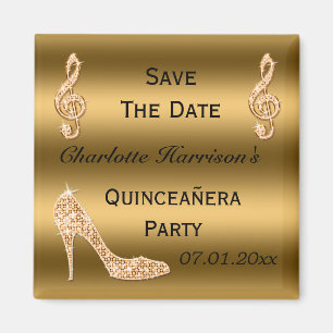 Glamour Quinceañera Save the Date Gold Stiletto Magnet