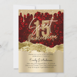 Glamour Red Gold Foil Glitzer Quinceanera 15. Einladung
