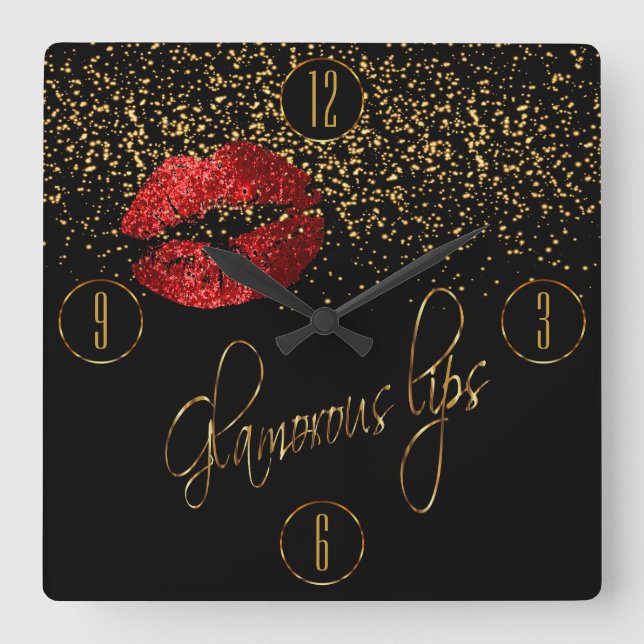 Glamour Red Lips und Gold Confetti Quadratische Wanduhr (Vorderseite)