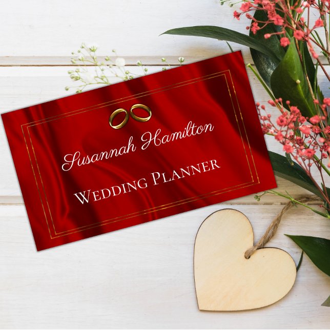 Glamour Red Silk und Gold Rings Wedding Planner Visitenkarte (Von Creator hochgeladen)