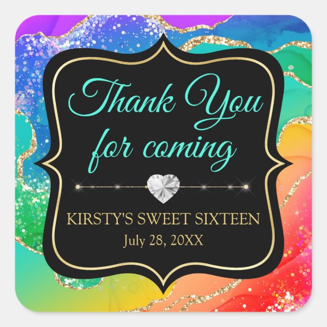 Glamour Regenbogen Alkohol Tinte Agate Sweet 16 Quadratischer Aufkleber (Vorderseite)