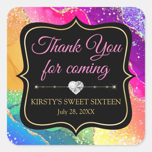 Glamour Regenbogen Alkohol Tinte Agate Sweet 16 Quadratischer Aufkleber (Vorderseite)