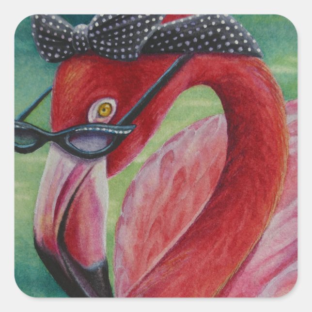 Glamour Retro Pink Flamingo No. 1 Wasserfarbe Kuns Quadratischer Aufkleber (Vorderseite)