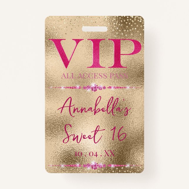 Glamour rosa Diamanten auf Gold VIP Ausweis (Vorderseite)