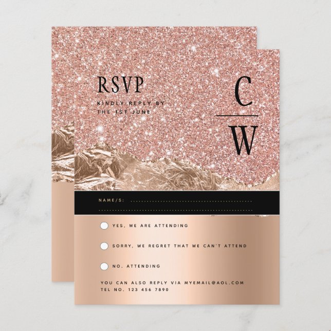 Glamour ROSE Gold Black Wedding RSVP (Vorne/Hinten)