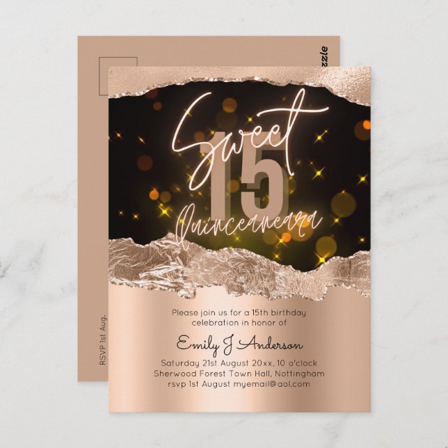 Glamour Rose Gold Foil Glitzer Quinceanera 15. Postkarte (Vorne/Hinten)