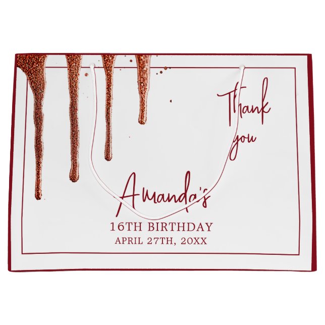 Glamour Rose Gold Glitzer Tropfen Sweet 16 Geburts Große Geschenktüte (Vorderseite)