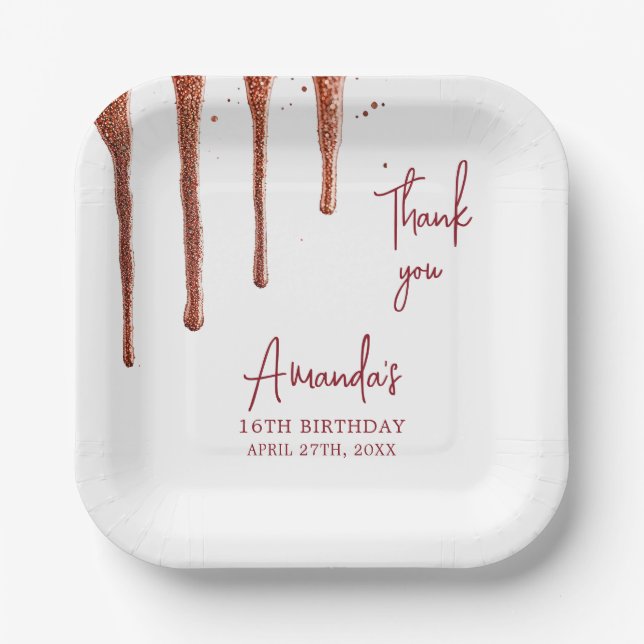 Glamour Rose Gold Glitzer Tropfen Sweet 16 Geburts Pappteller (Vorderseite)