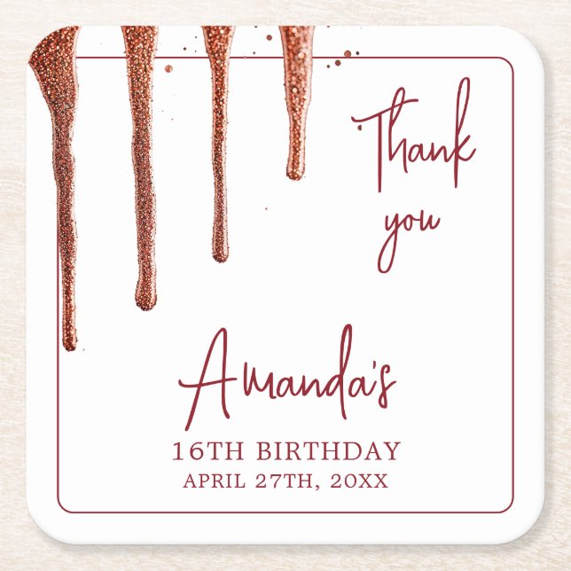 Glamour Rose Gold Glitzer Tropfen Sweet 16 Geburts Rechteckiger Pappuntersetzer (Vorderseite)