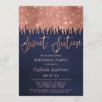 Glamour Rose Gold Navy Glitzer Pixel Sweet 16