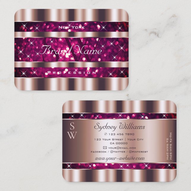 Glamour Rose Gold Pink Glitzer Stars Monogram Visitenkarte (Vorne/Hinten)
