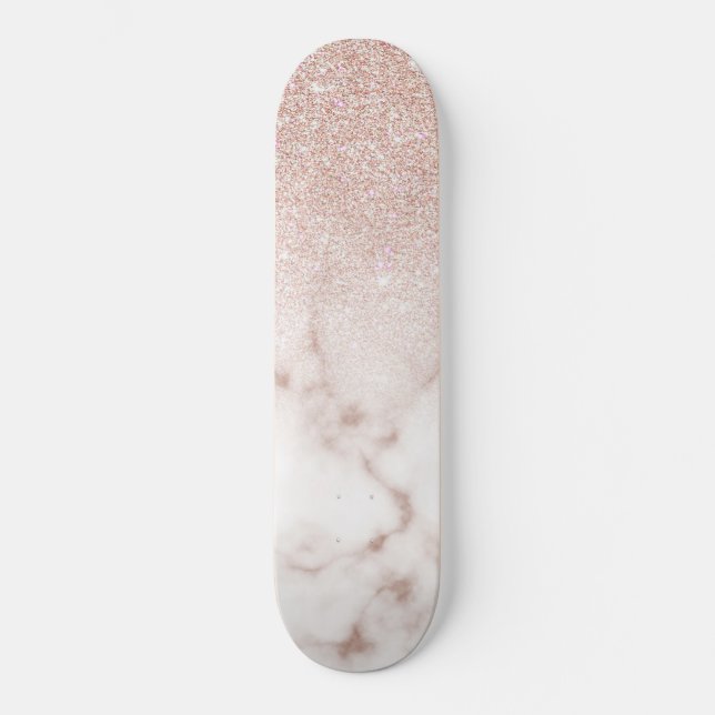 Glamour Rose Gold Weißer Glitzer Marmor Gradient Skateboard (Vorderseite)