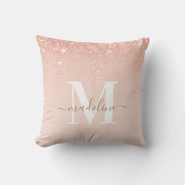 Glamour Rosegold Glitzer Elegantes Script Monogram Kissen (Vorderseite)
