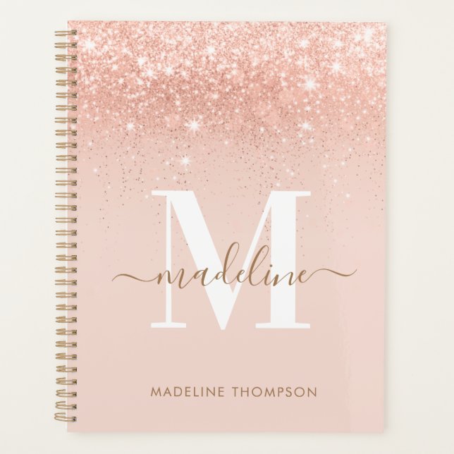 Glamour Rosegold Glitzer Elegantes Script Monogram Planer (Vorderseite)