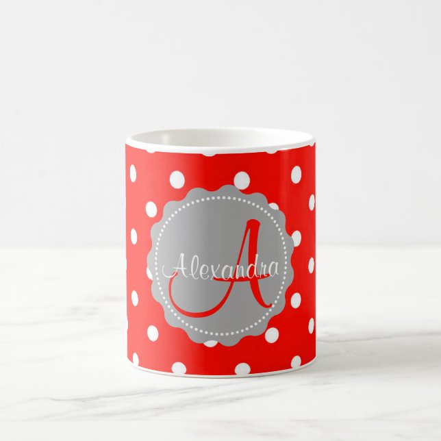 Glamour Rot-Weiße Polka Dot Monogramm Anfangsname Tasse (Mittel)