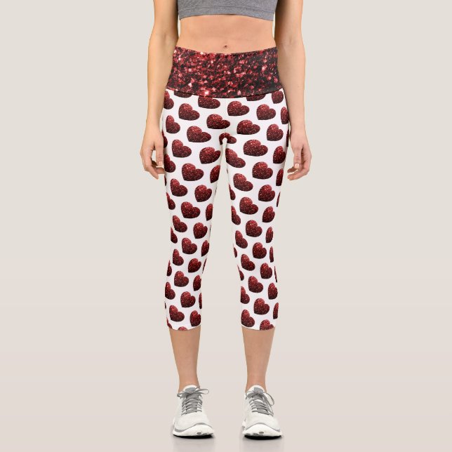 Glamour Roter Glitzer Glitzern Herzmuster Capri Leggings (Vorderseite)