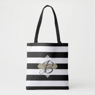 Glamour Schwarz-weiß Strip MONOGRAM Tote Bag